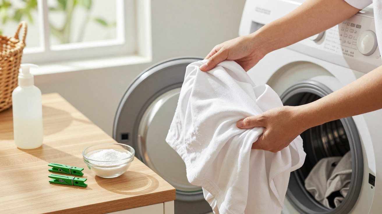 Hands loading a white garment into a front-loading washing machine beside a table with detergent and green pegs.