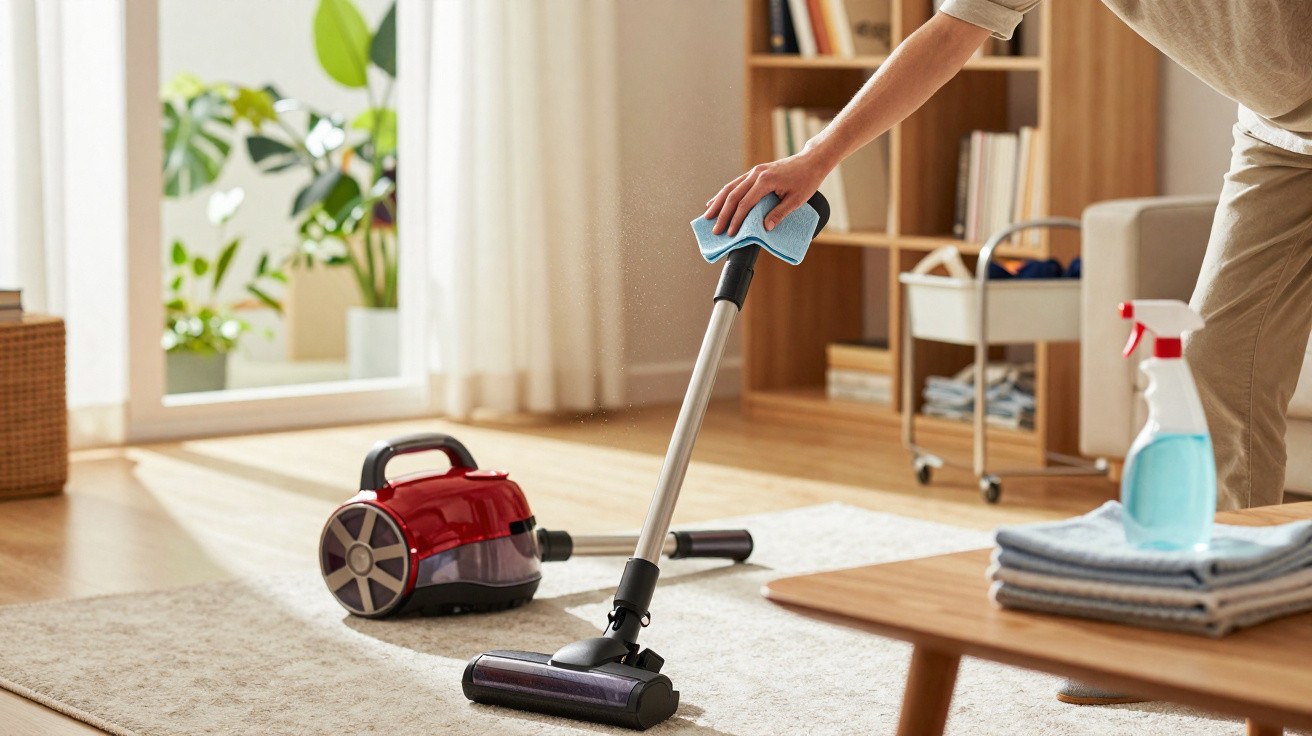 Person vacuuming a carpet in a sunlit living room with cleaning spray and cloths on a wooden table.