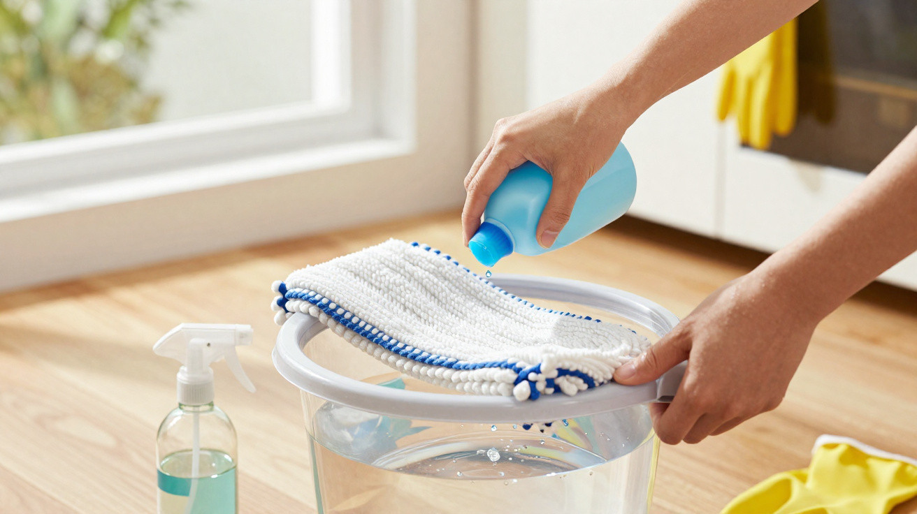 Hands pouring cleaning solution onto a mop head above a clear bucket filled with water.
