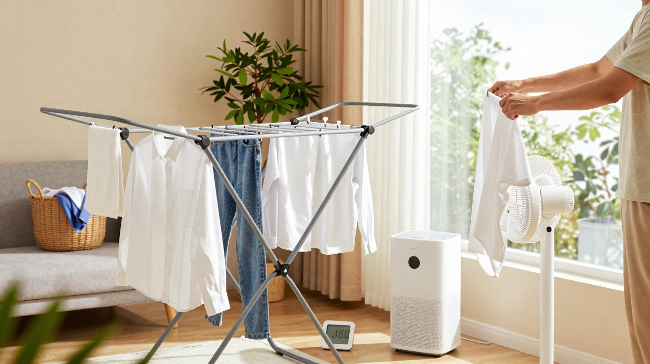 Indoor drying rack with clothes, a person holding a white shirt, and a fan in a bright living room.
