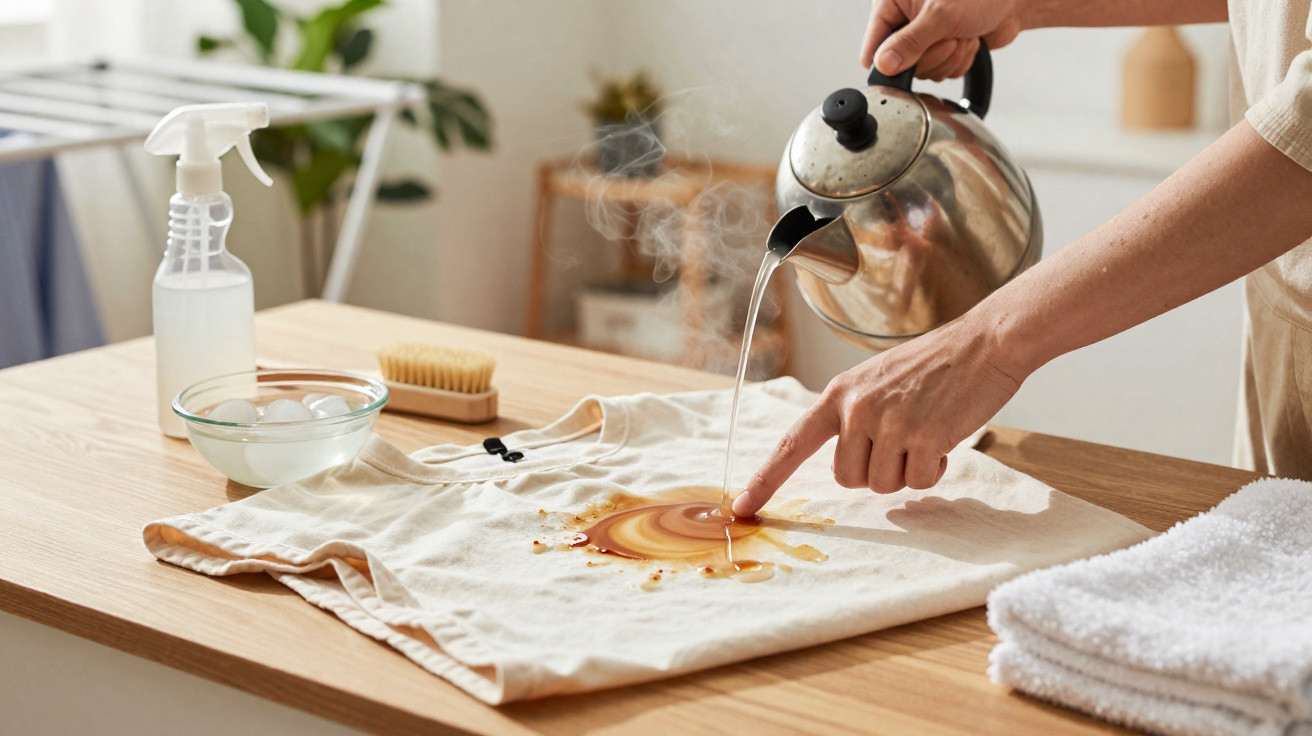 Person pouring hot water from a kettle onto a stain on a white t-shirt on a wooden table.