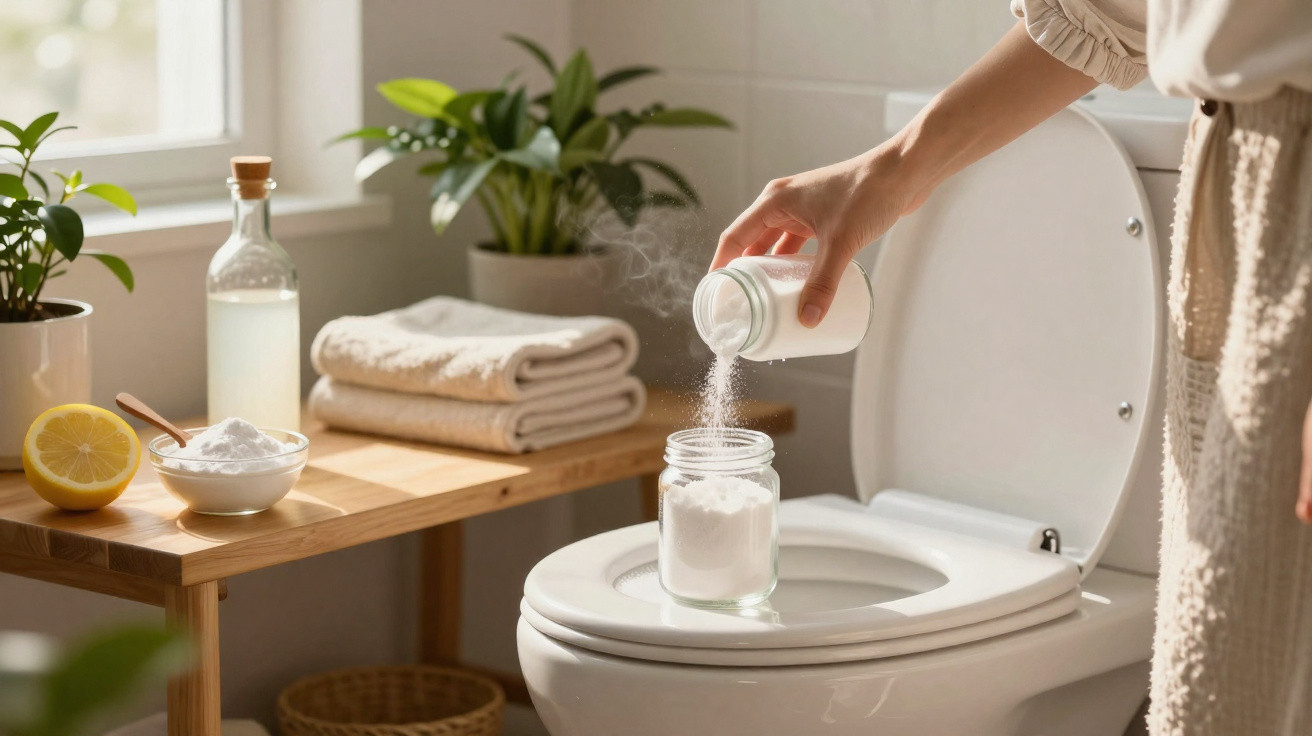 Person pouring white powder from a jar into another jar placed on a toilet seat in a bathroom.