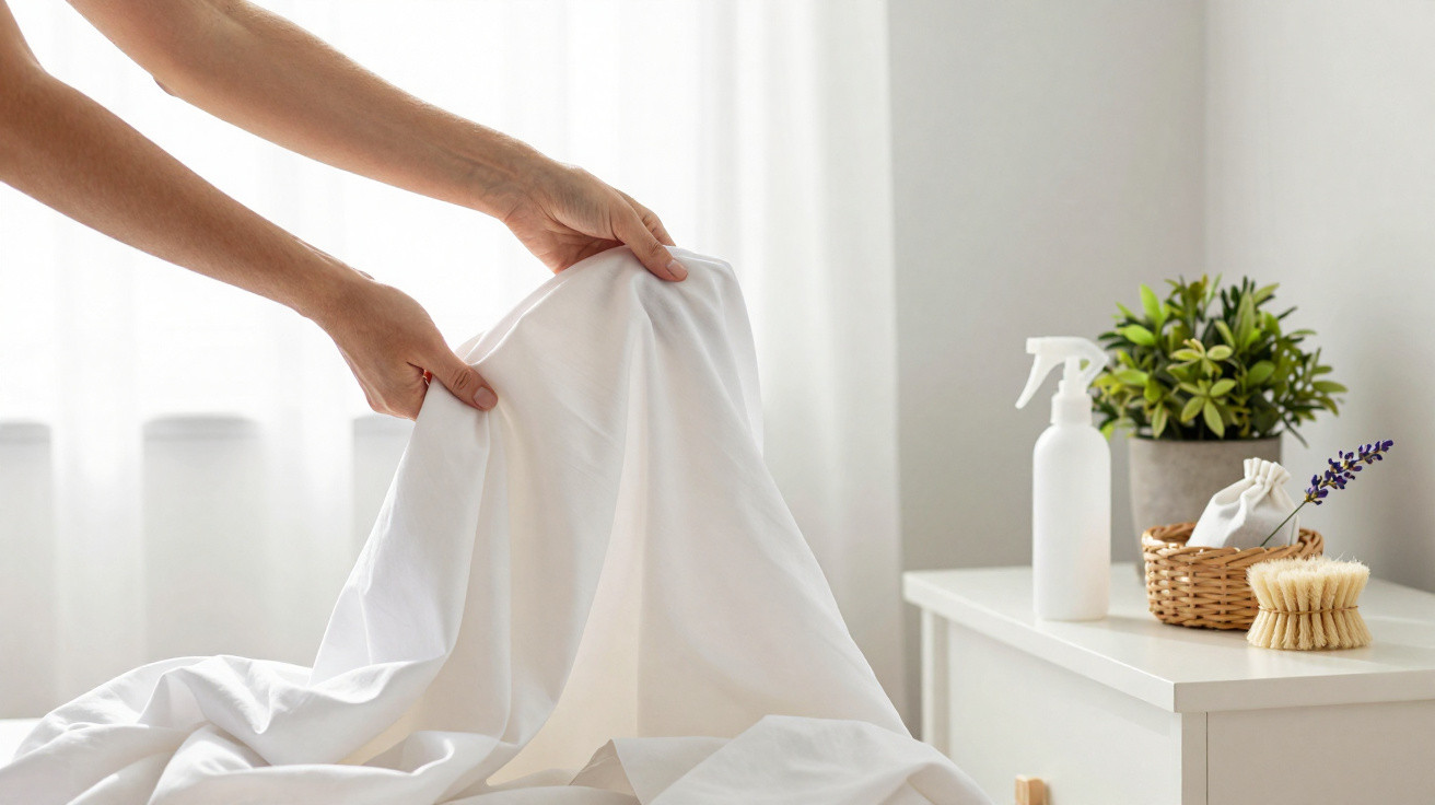 Hands smoothing a white bedsheet with a bedside table holding a plant, spray bottle, brush, and basket in soft natural light.