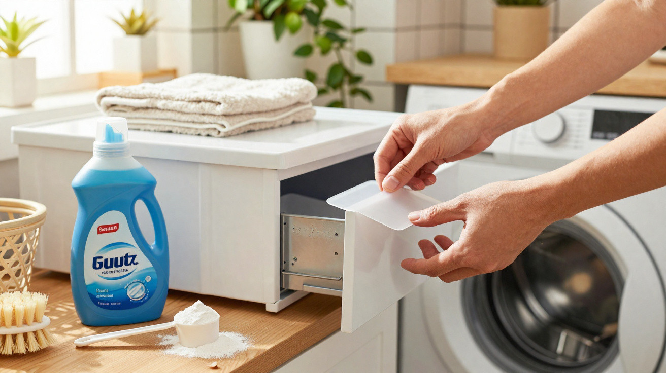 Hands loading detergent into a washing machine drawer with laundry supplies on the wooden countertop.