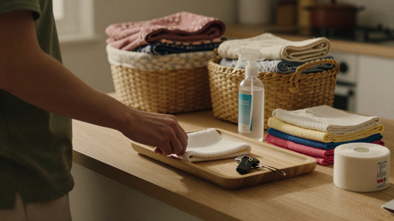 Person folding a white cloth on a wooden tray with baskets, stacked towels, sanitizer, and toilet roll nearby