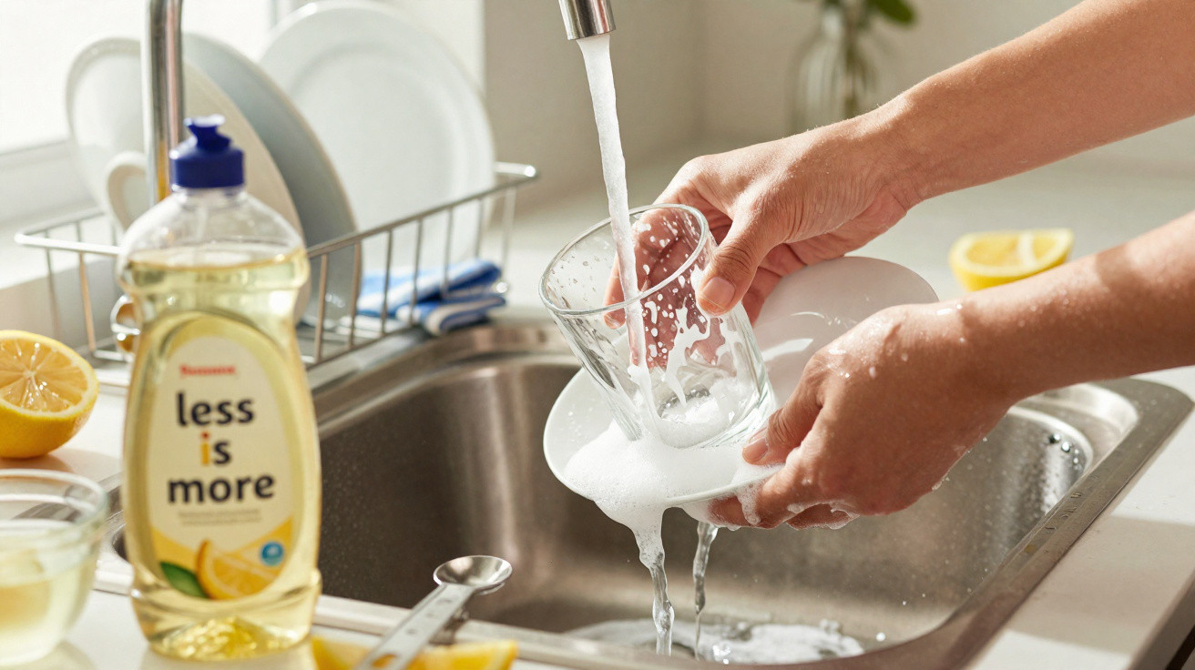 Hands washing a glass and plate with soap under a running kitchen sink tap with lemon and dish soap nearby.