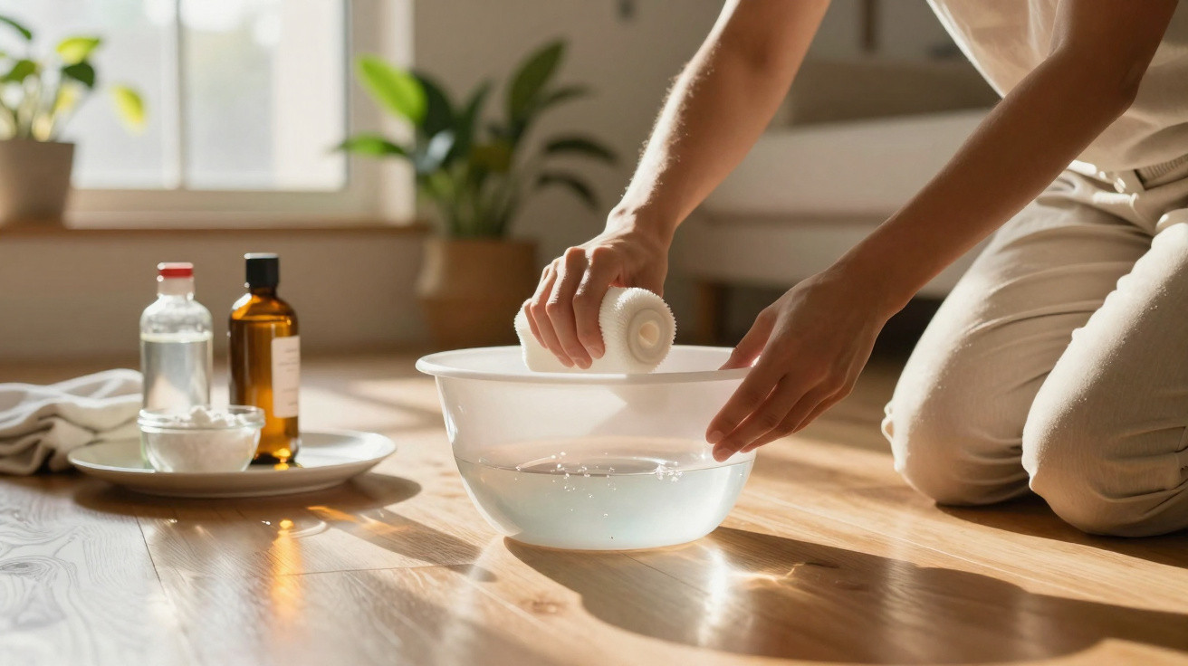 Person soaking a white facial cleansing brush in a bowl of water on a wooden floor indoors.