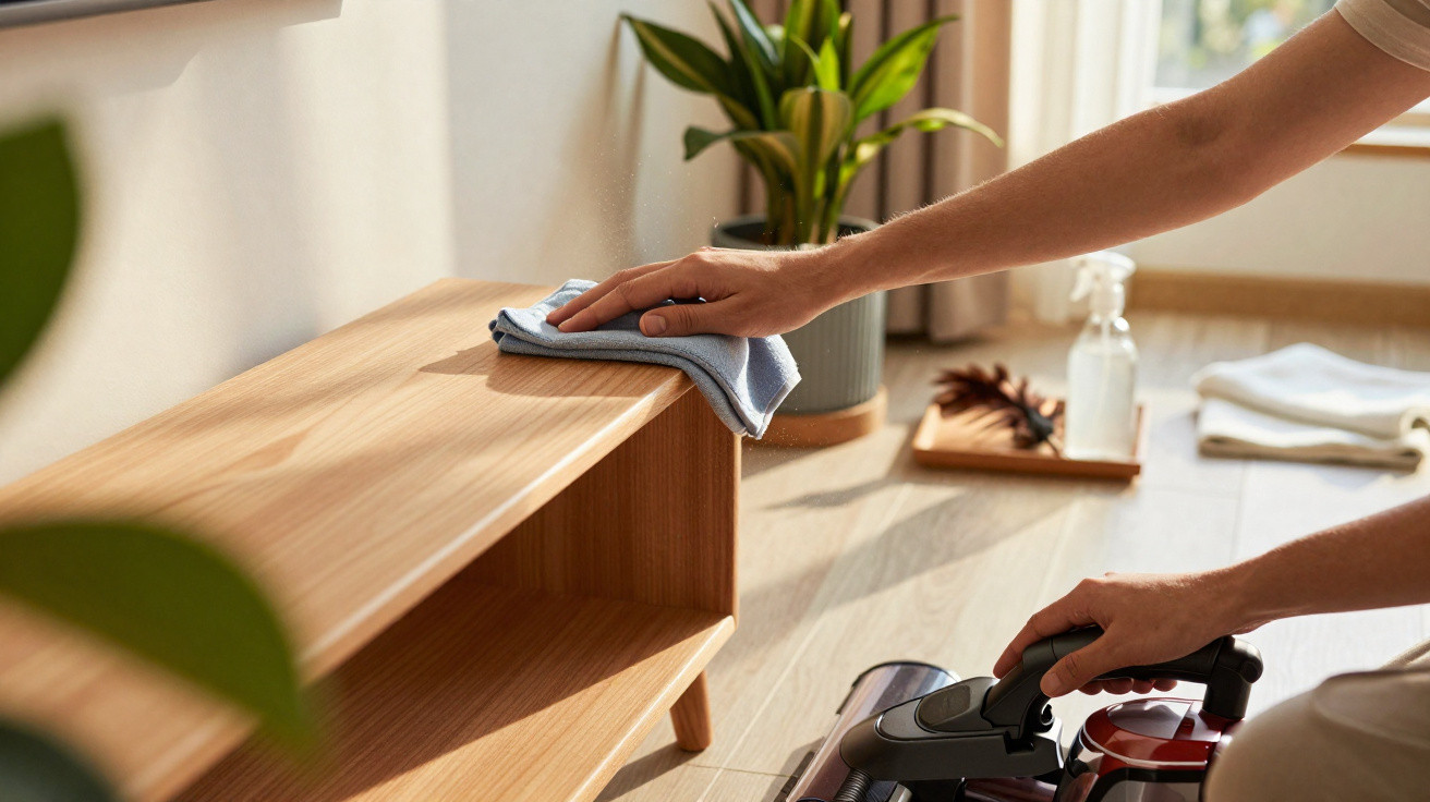 Hand cleaning a wooden shelf with cloth and vacuum cleaner in a bright, plant-adorned room.