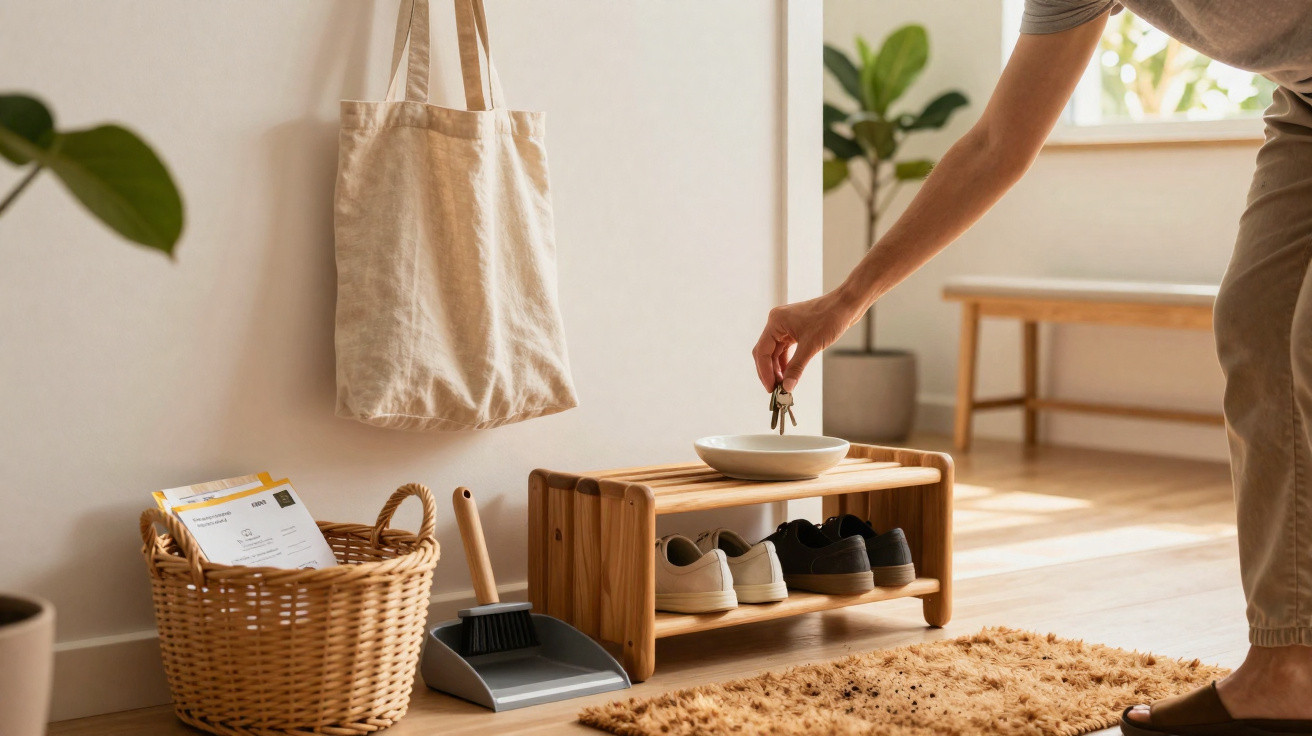 Person placing keys in a dish on a wooden shoe rack in a bright, tidy entryway with natural décor.