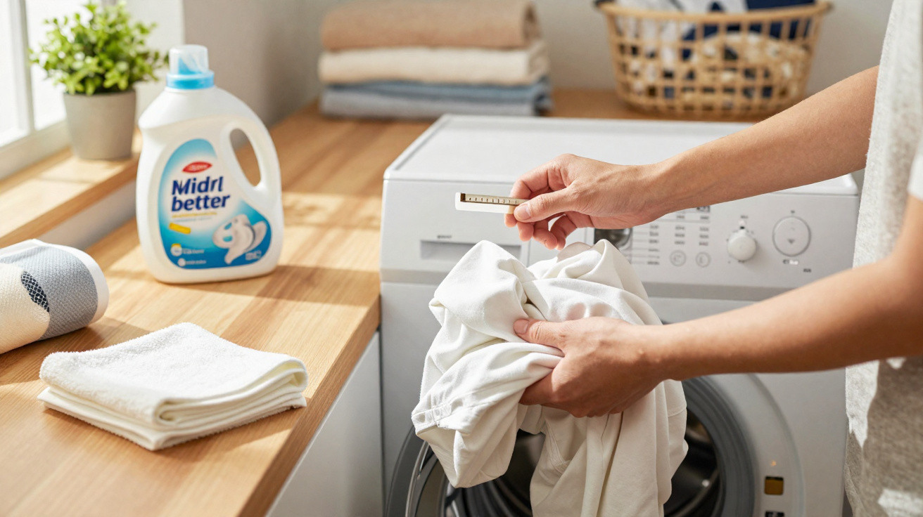 Person checking a clothing label while holding white laundry near a washing machine in a bright laundry room.
