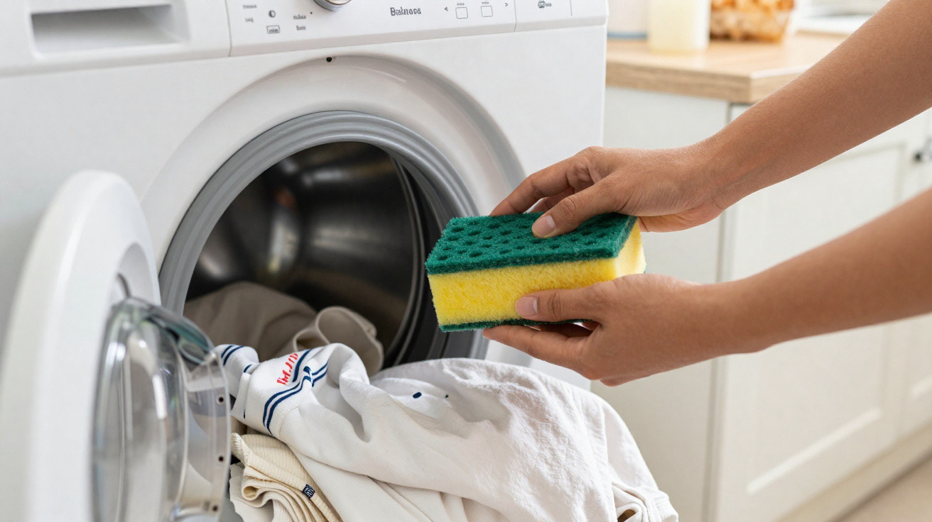 Hands holding a green and yellow sponge over a front-loading washing machine with white clothes inside.