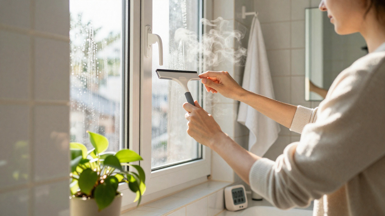 Person cleaning a steamy bathroom window with a squeegee on a bright morning.