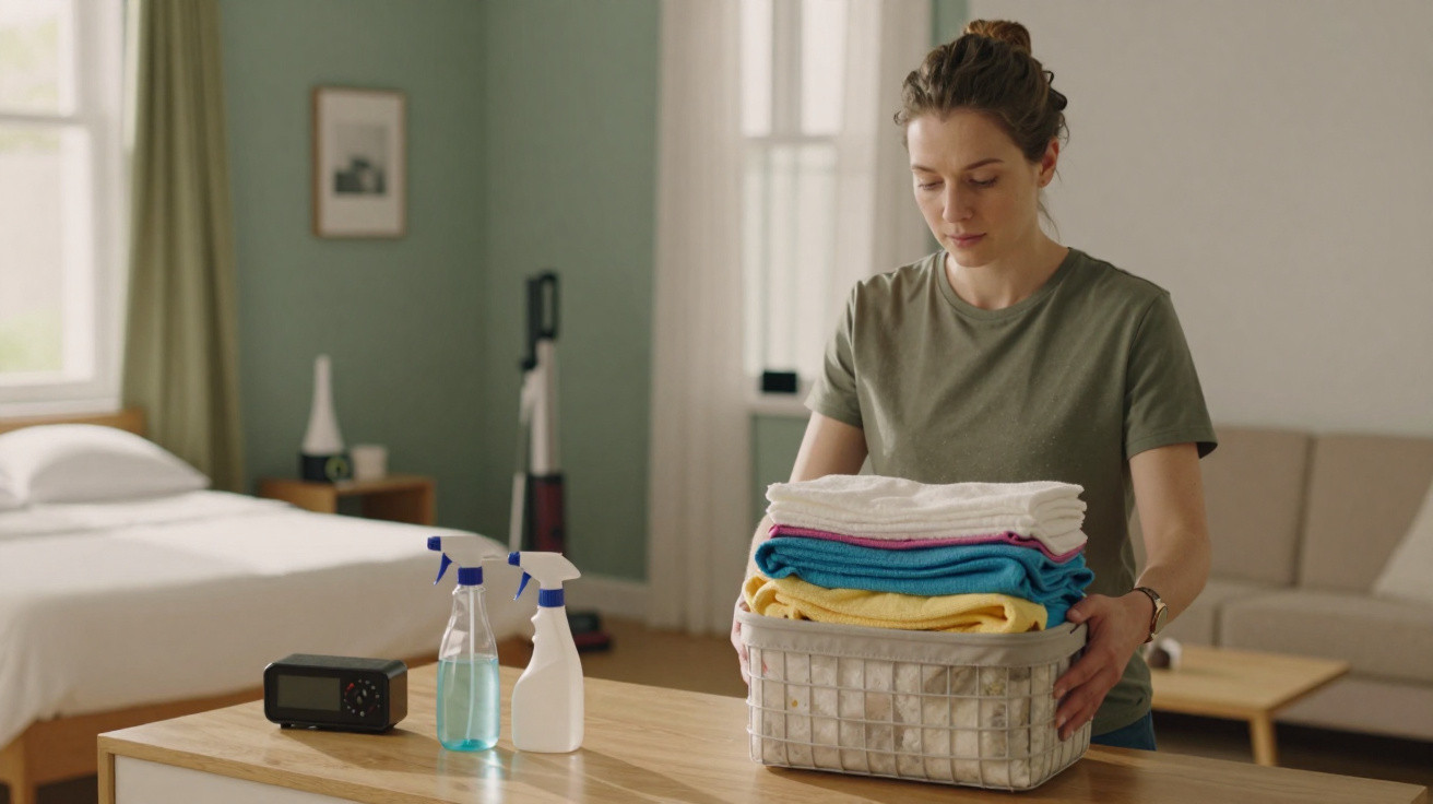 Woman holding a basket of folded colourful laundry in a bright bedroom with cleaning supplies on the table.