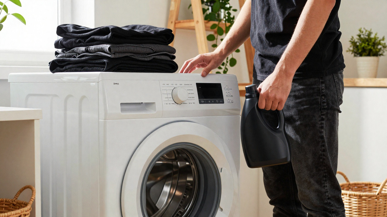 Person holding a black detergent bottle standing next to a front-loading washing machine with folded clothes on top.