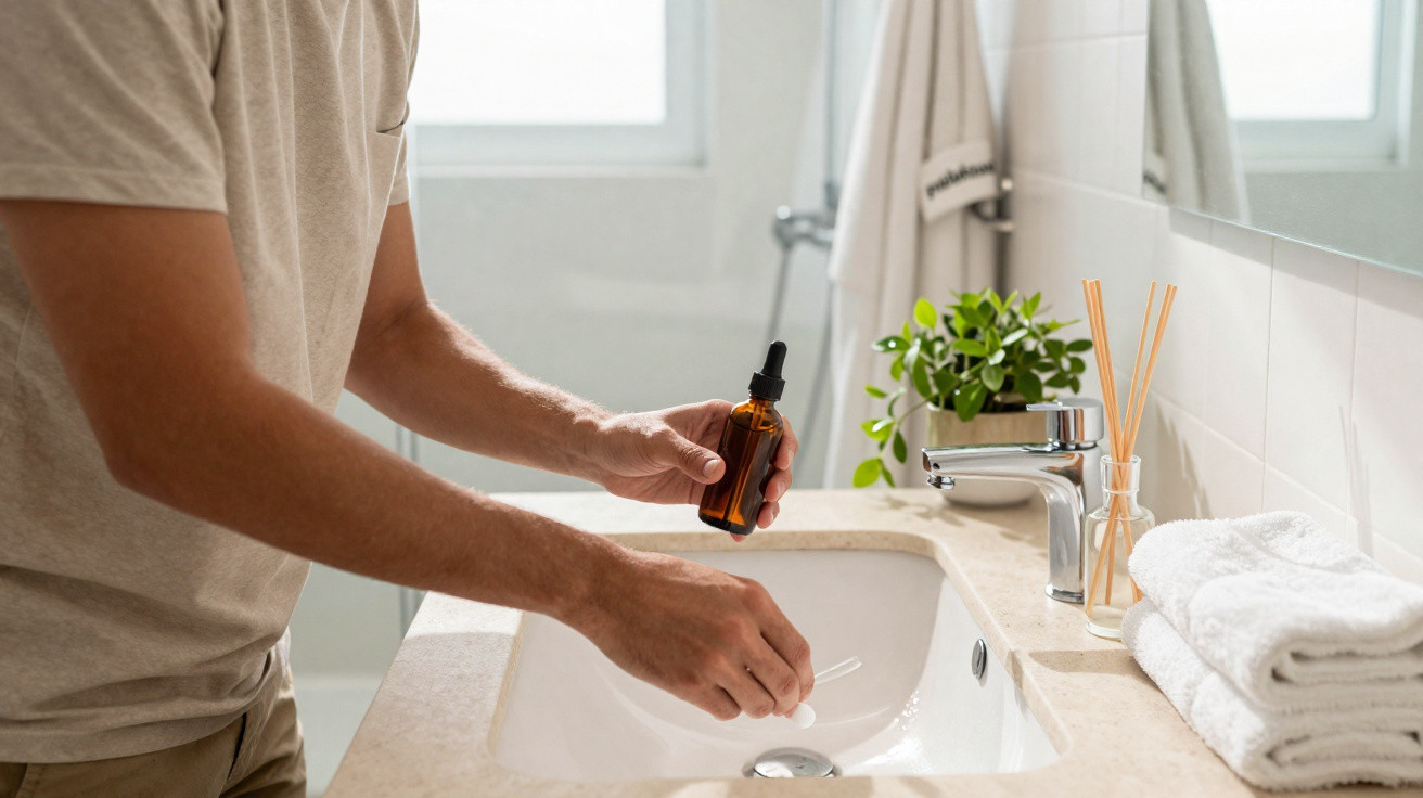 Man holding a brown dropper bottle over a white bathroom sink with towels and a plant nearby