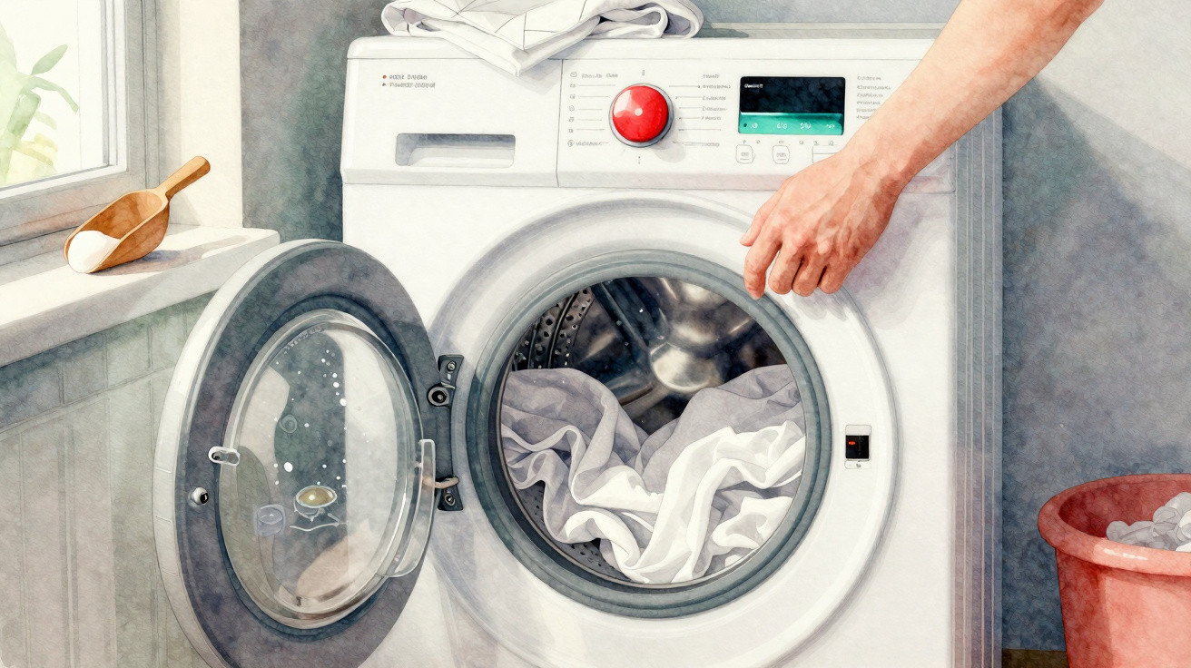 Front-loading washing machine with white laundry inside, a hand reaching to close the door, and a red laundry basket nearby.