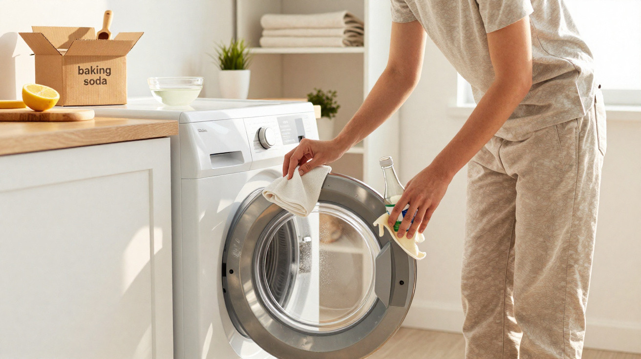 Person cleaning the glass door of a front-loading washing machine with a cloth in a bright laundry room.