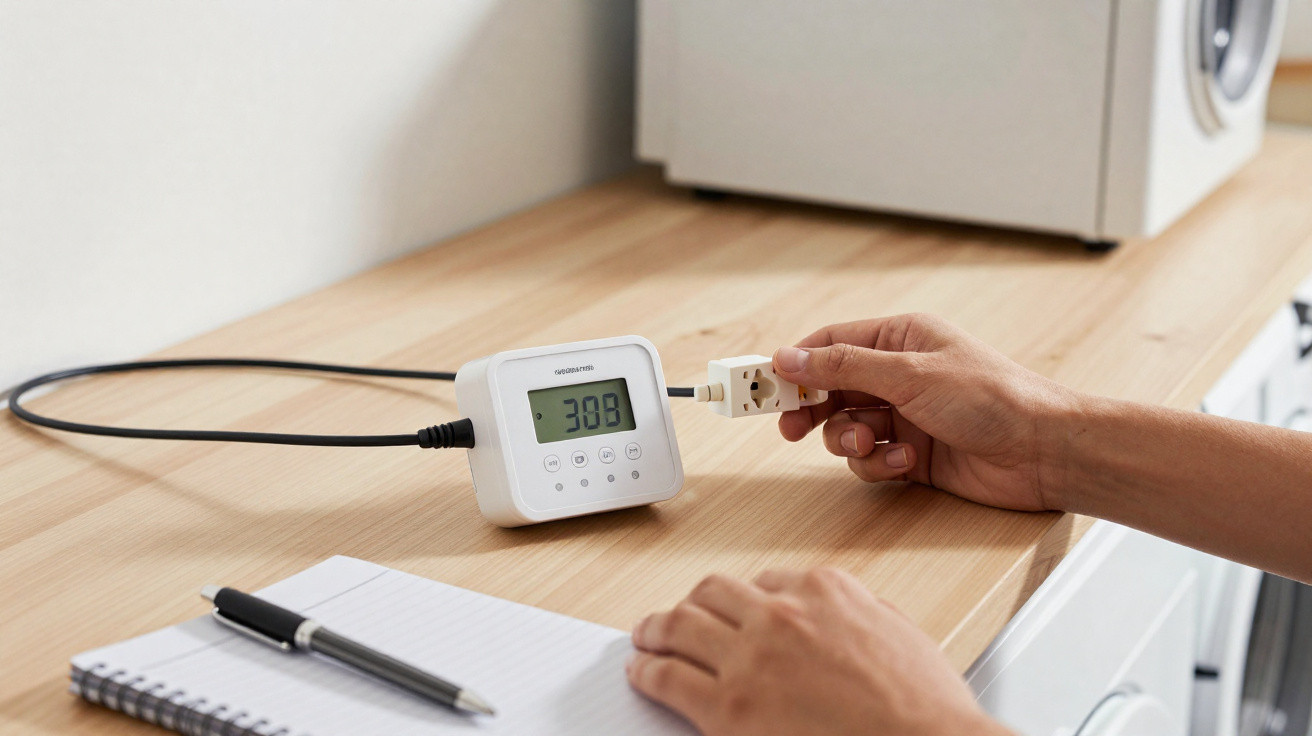 Person plugging a device into a white digital power meter on a wooden kitchen counter with a notebook and pen nearby.