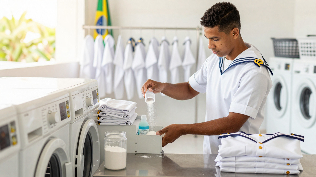 Navy sailor pouring detergent into a washing machine in a laundry room with uniforms hanging in the background.