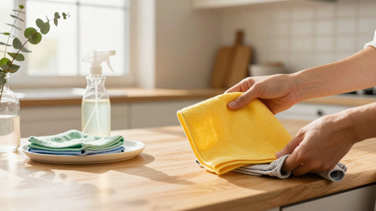Hands folding yellow and grey cleaning cloths on a wooden kitchen counter beside a plate with more cloths and a spray bottle.
