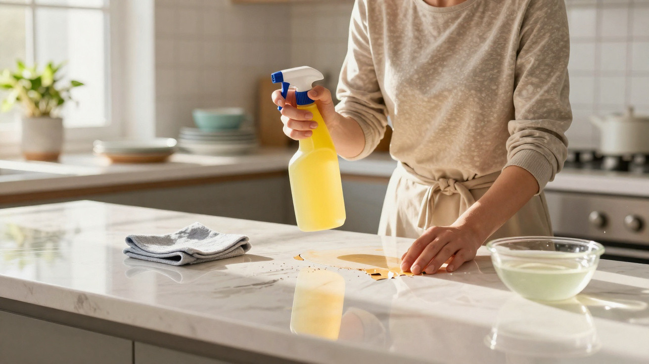 Person cleaning a kitchen countertop with yellow spray bottle and cloth, sunlight streaming in through window