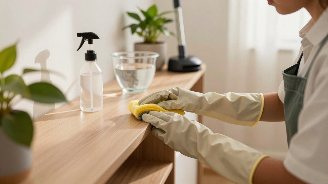 Person wearing rubber gloves cleaning a wooden shelf with a yellow cloth in a bright room.