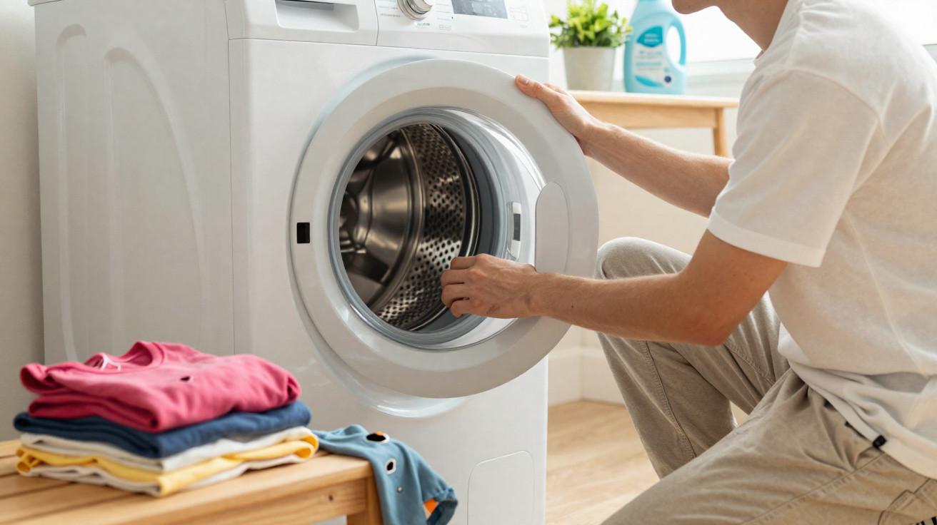 Person loading clothes into a front-loading washing machine in a bright laundry room.
