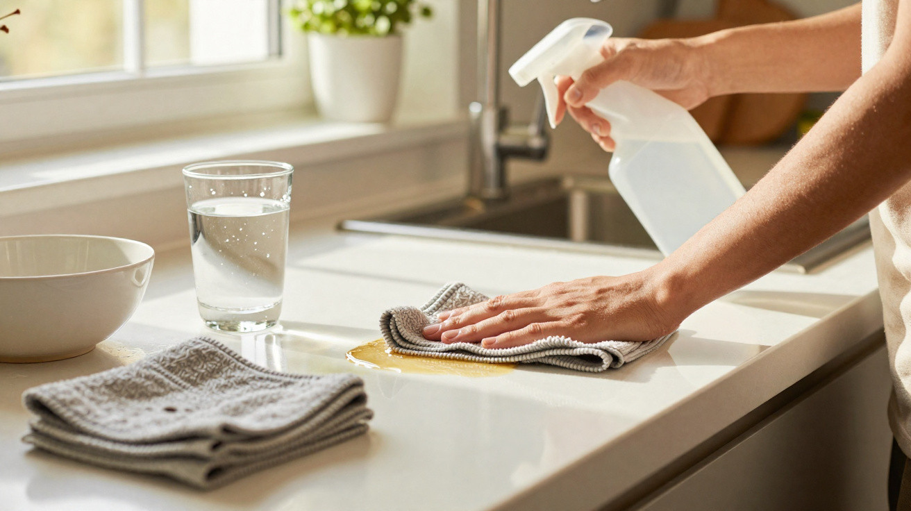 Person cleaning a kitchen countertop with a spray bottle and cloth near a glass of water and bowl.
