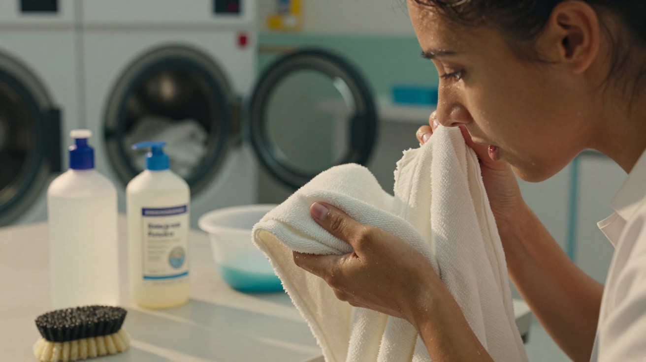 Person smelling a clean white towel in a laundry room with washing machines in the background.