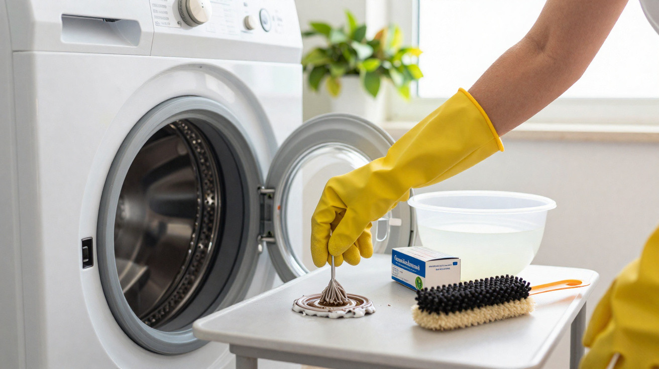 Person in yellow rubber gloves applying cleaning paste to washing machine door seal with brush on table.
