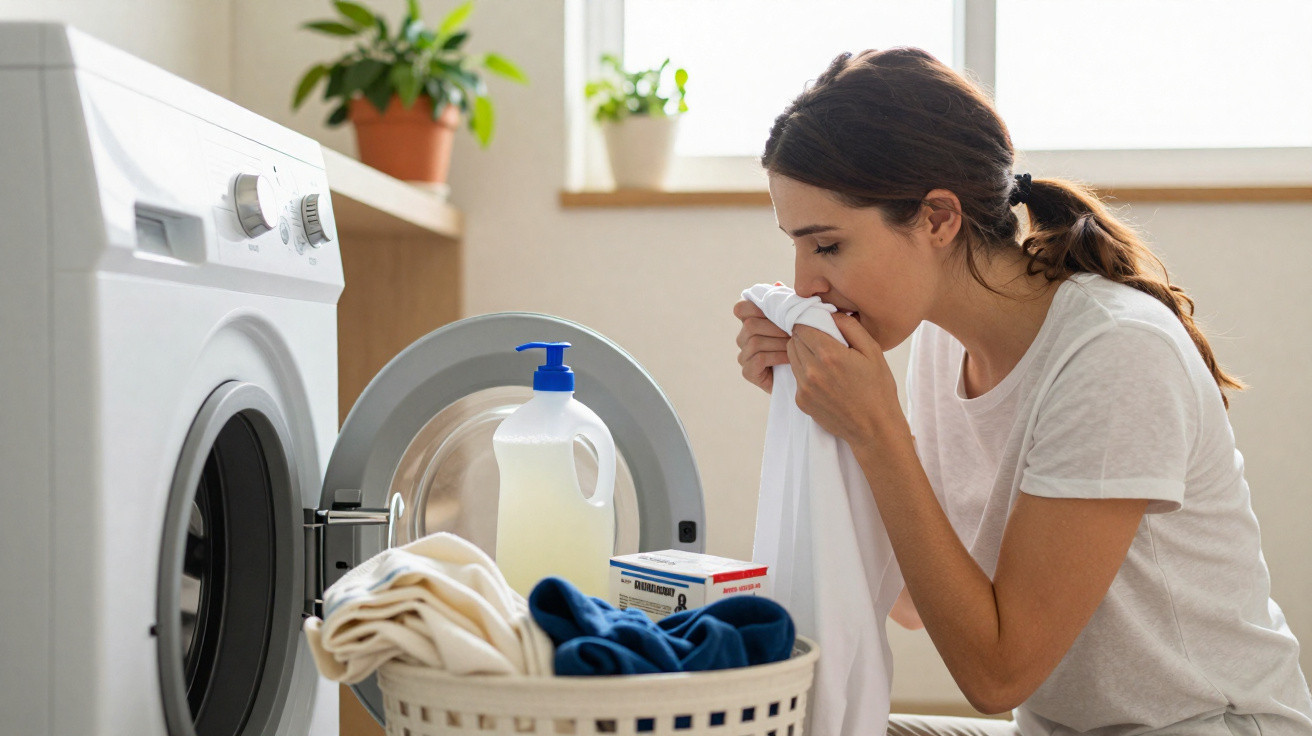 Woman smelling laundry detergent scent on a white garment next to a washing machine and laundry basket.