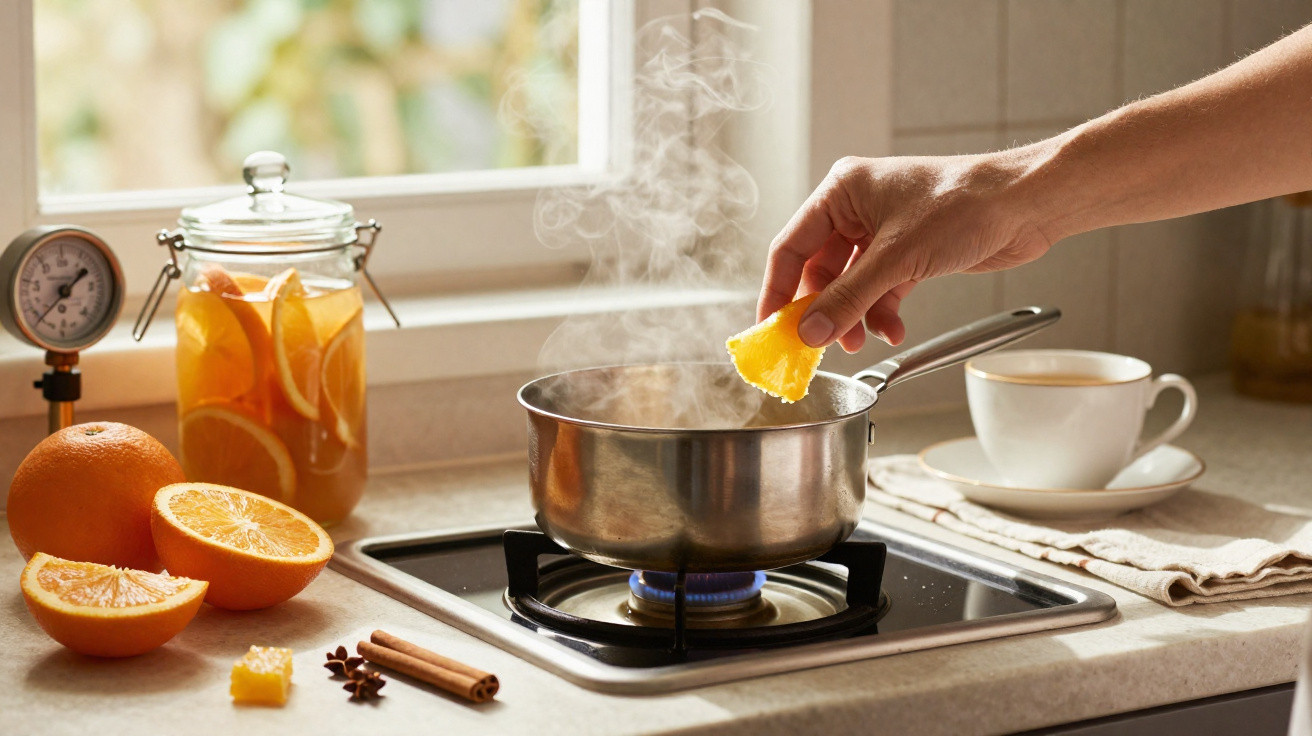 Hand adding an orange slice into a steaming pot on a gas stove with oranges and spices nearby.