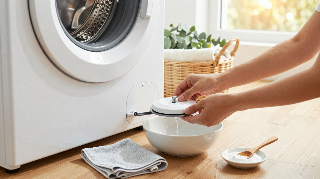 Person draining water from a washing machine into a bowl with a towel and detergent nearby on wooden floor.