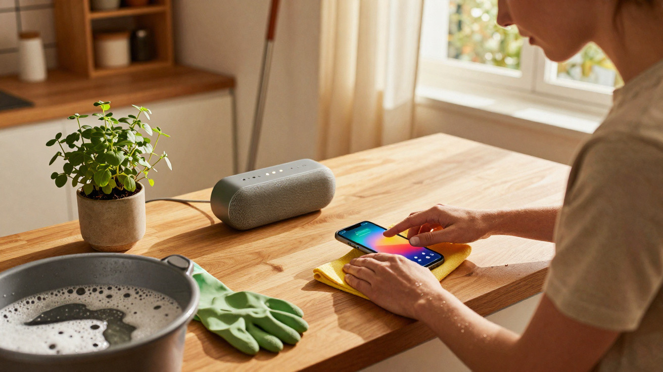 Person using a smartphone on a wooden table near a potted plant, wireless speaker, gloves, and a bucket of soap water.