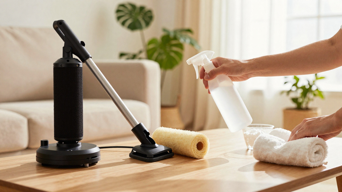 Person cleaning wooden table with spray bottle and towel, vacuum cleaner and paint roller placed nearby in living room.
