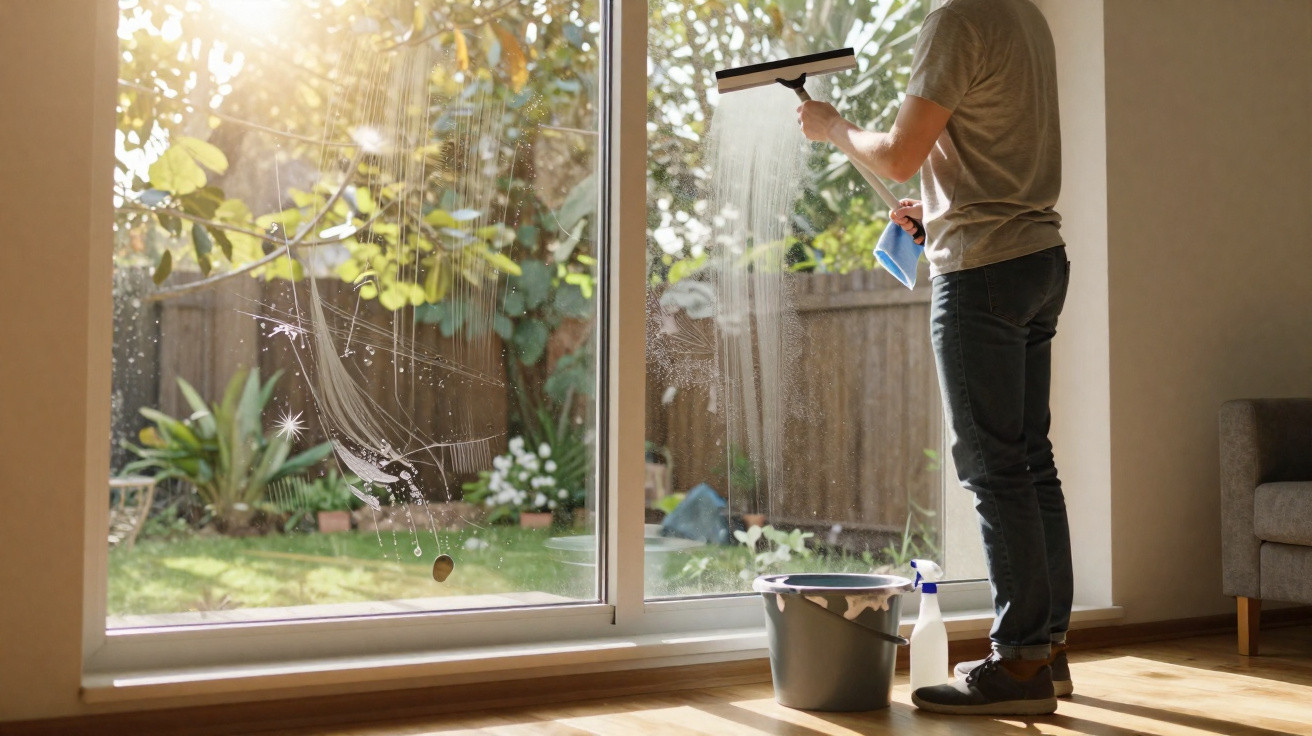 Person cleaning large glass patio doors with squeegee and spray bottle, sunlight streaming through garden window.