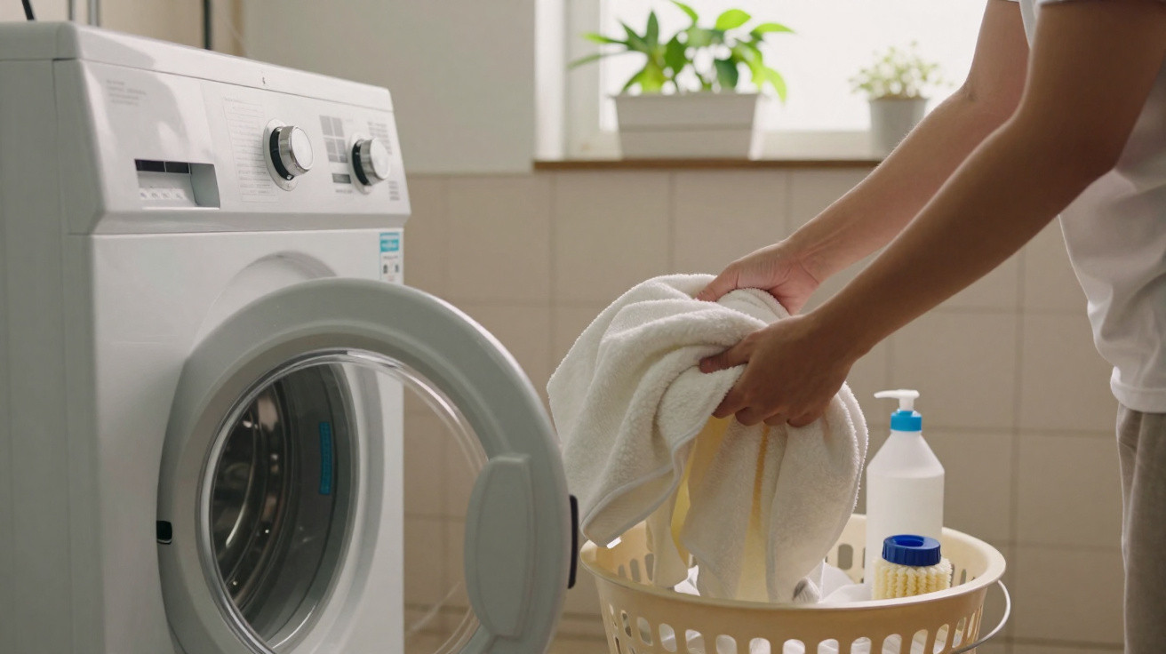 Person loading white towels into a front-loading washing machine in a bright laundry room.