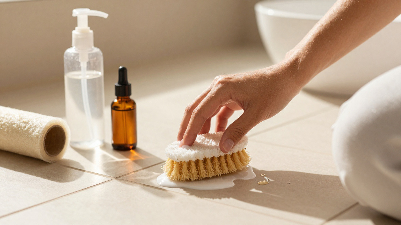 Hand holding a dry body brush with foam on floor tiles, next to a towel and two skincare bottles.