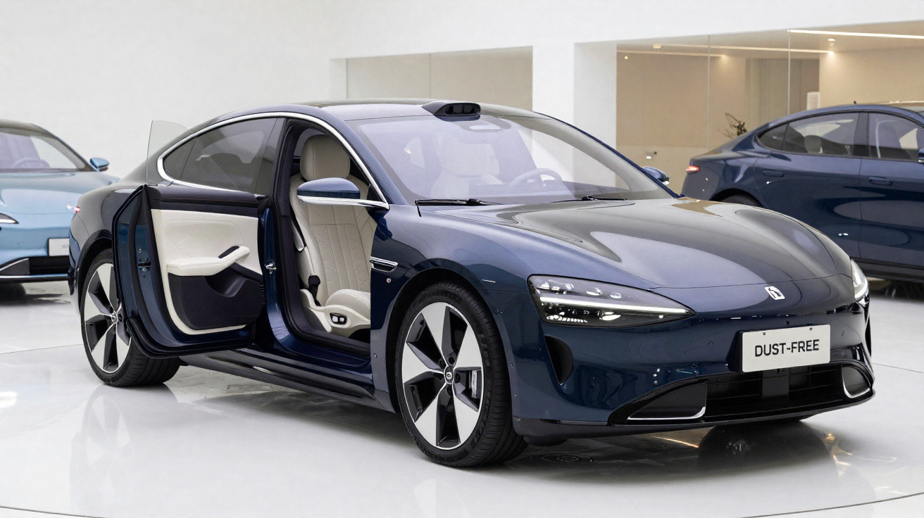 Dark blue electric car with front left door open, showing beige interior, on display in a showroom.