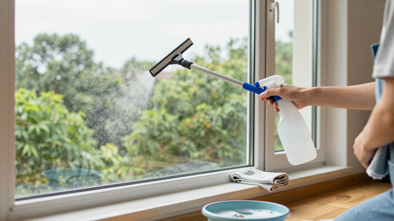 Person spraying cleaning solution on a large window using a spray bottle with squeegee attachment.