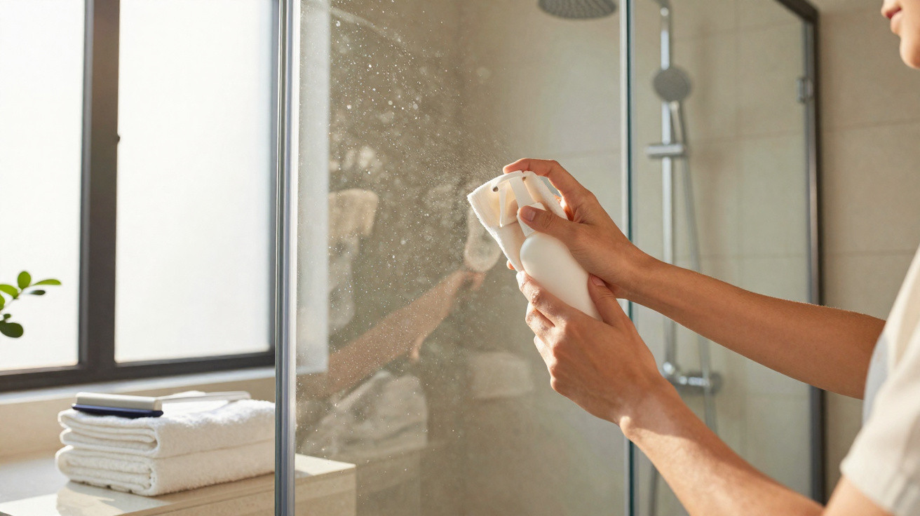 Person spraying and cleaning a bathroom mirror with a white cloth in natural light.