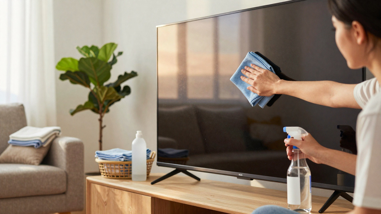 Person cleaning a flat-screen TV with a cloth and spray bottle in a tidy living room.