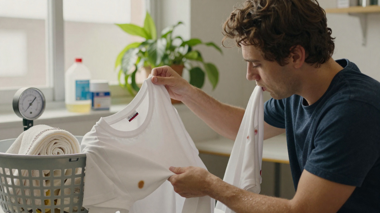 Man inspecting brown stains on a white T-shirt in a laundry room with a basket and plants nearby