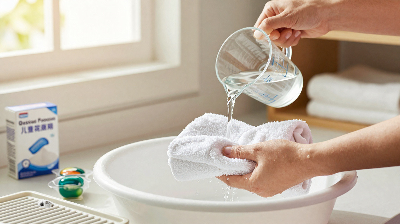 Person pouring water from a measuring cup onto a white towel over a basin in a bright bathroom.