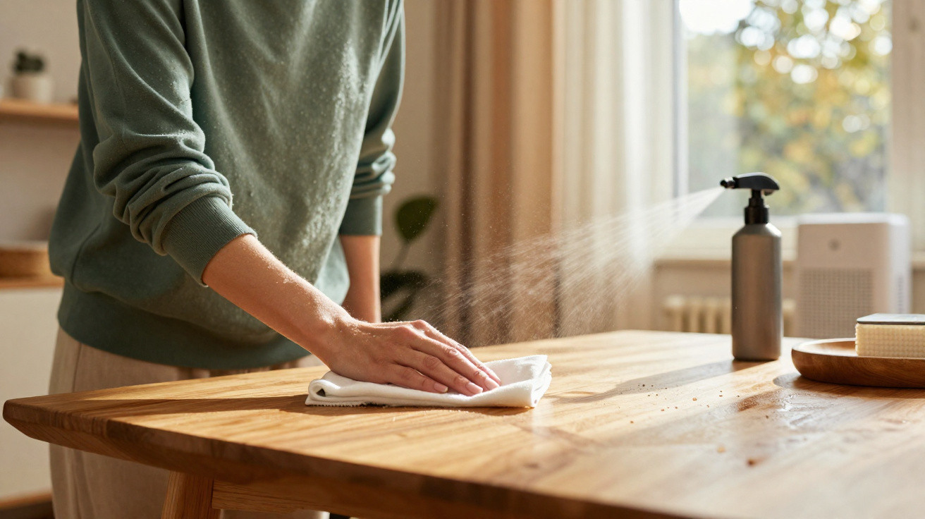 Person cleaning wooden table with cloth and spray bottle in sunlit room with window and plants