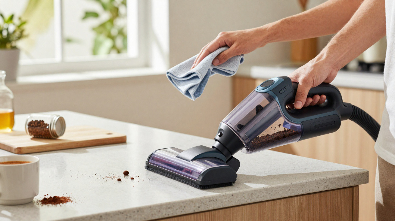 Person using a handheld vacuum cleaner to clean coffee grounds from a kitchen countertop.