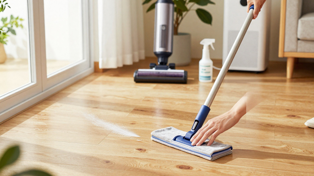 Person cleaning wooden floor with a mop and spray bottle, vacuum cleaner and indoor plant in the background.