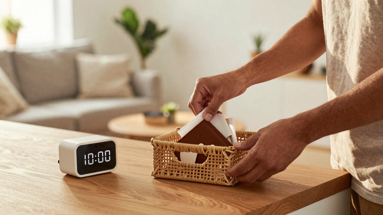 Person placing a wallet into a wicker basket on a wooden table next to a digital clock showing 10:00.