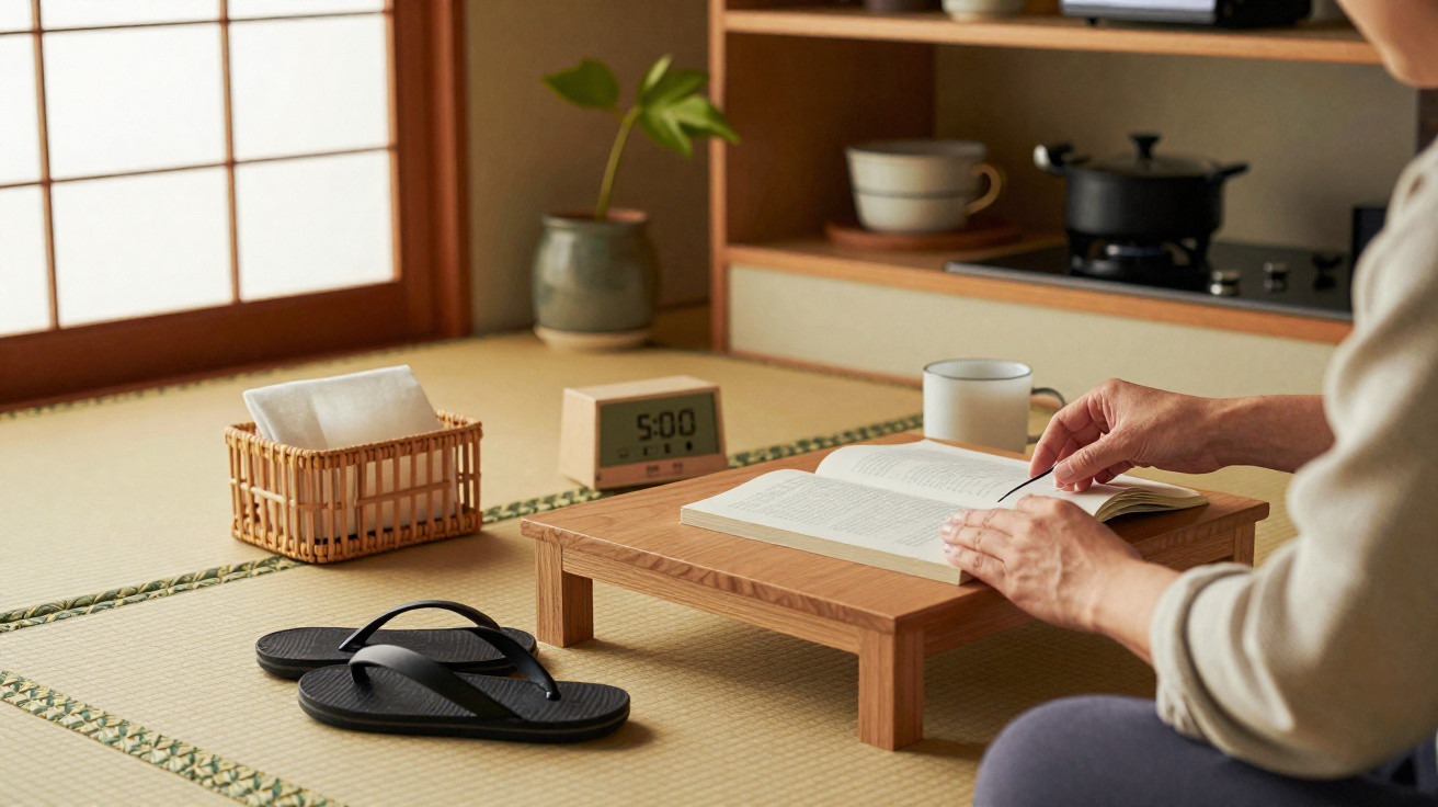 Person reading a book at a low wooden table in a traditional Japanese tatami room with slippers nearby.