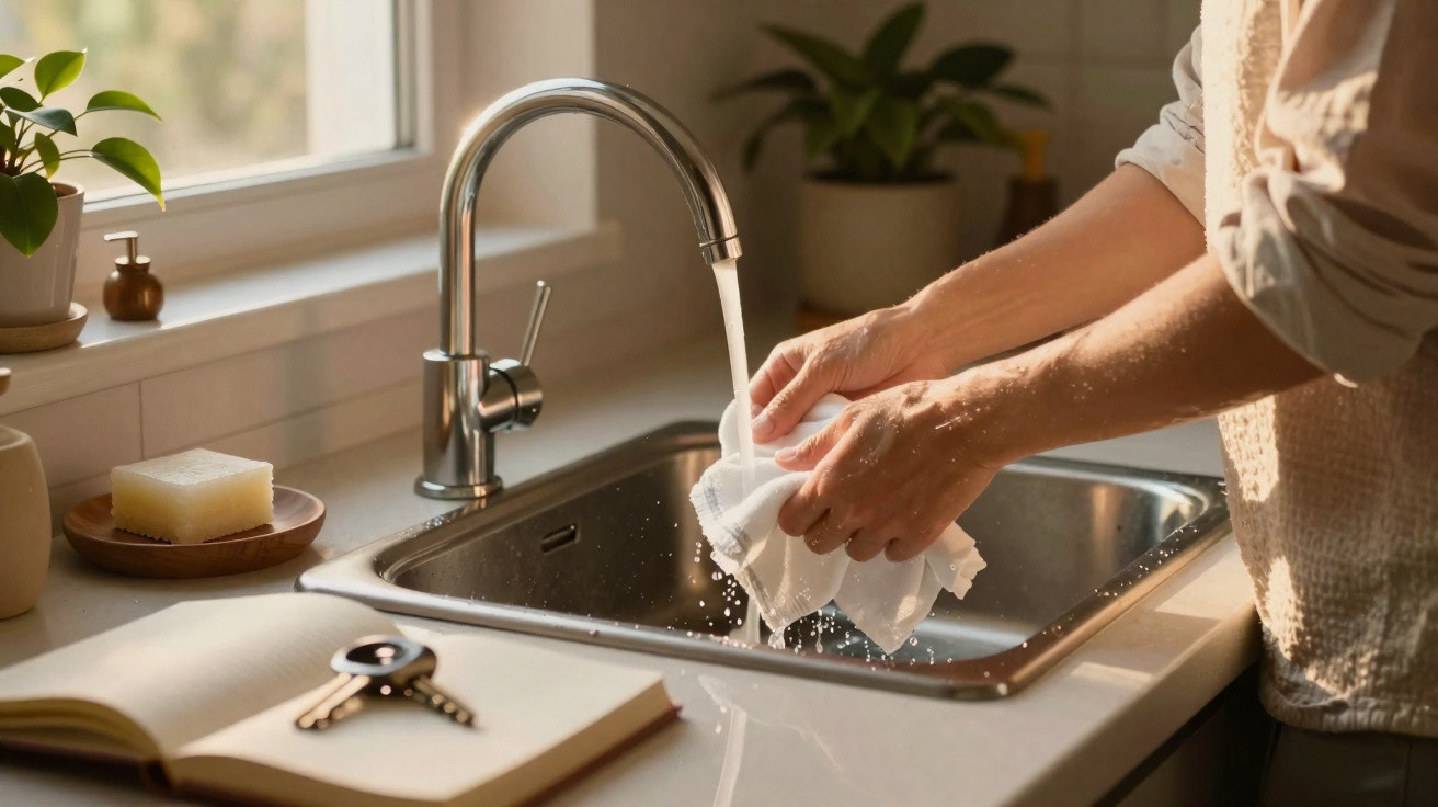 Person washing a cloth under a running kitchen tap with plants and soap nearby in natural light.